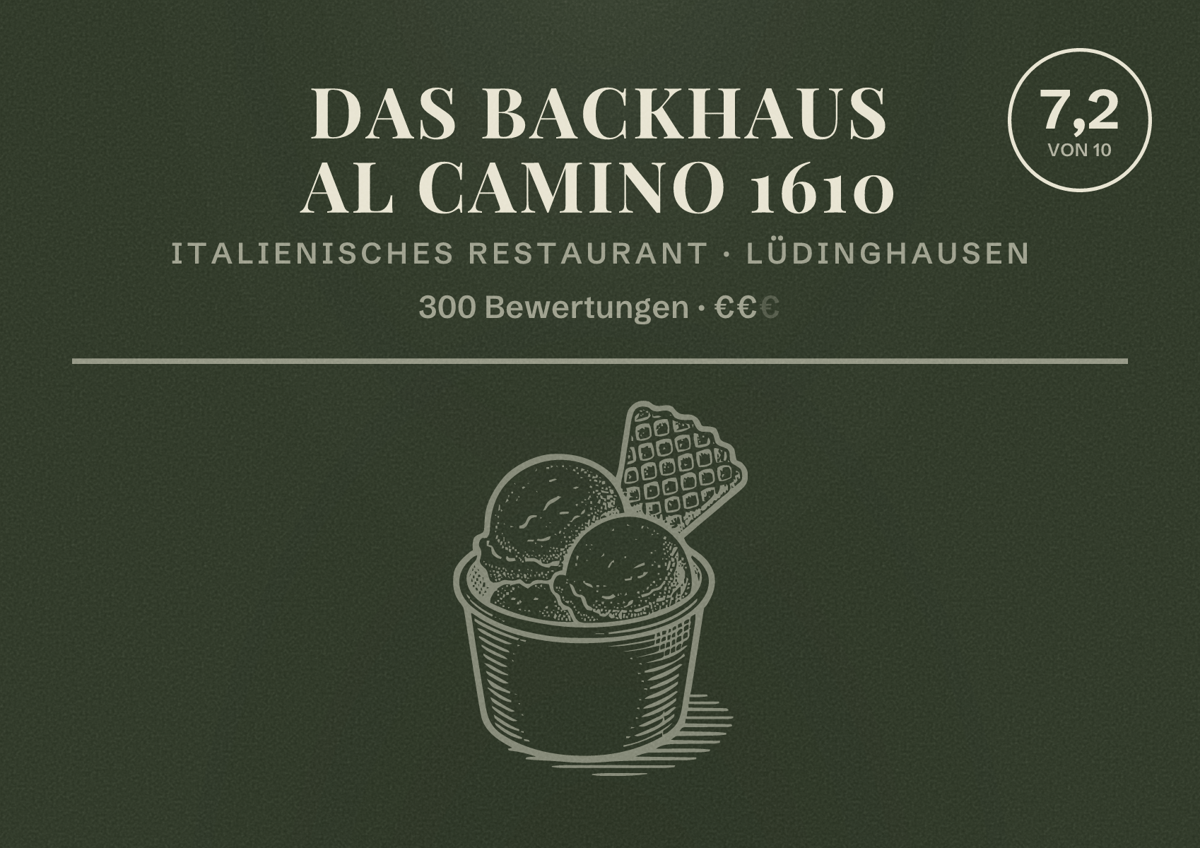 Illustriertes Poster von Das Backhaus Al Camino 1610, Italienisches Restaurant in Lüdinghausen: Bewertung 7,2 von 10 aus 300 Bewertungen, Preisniveau €€