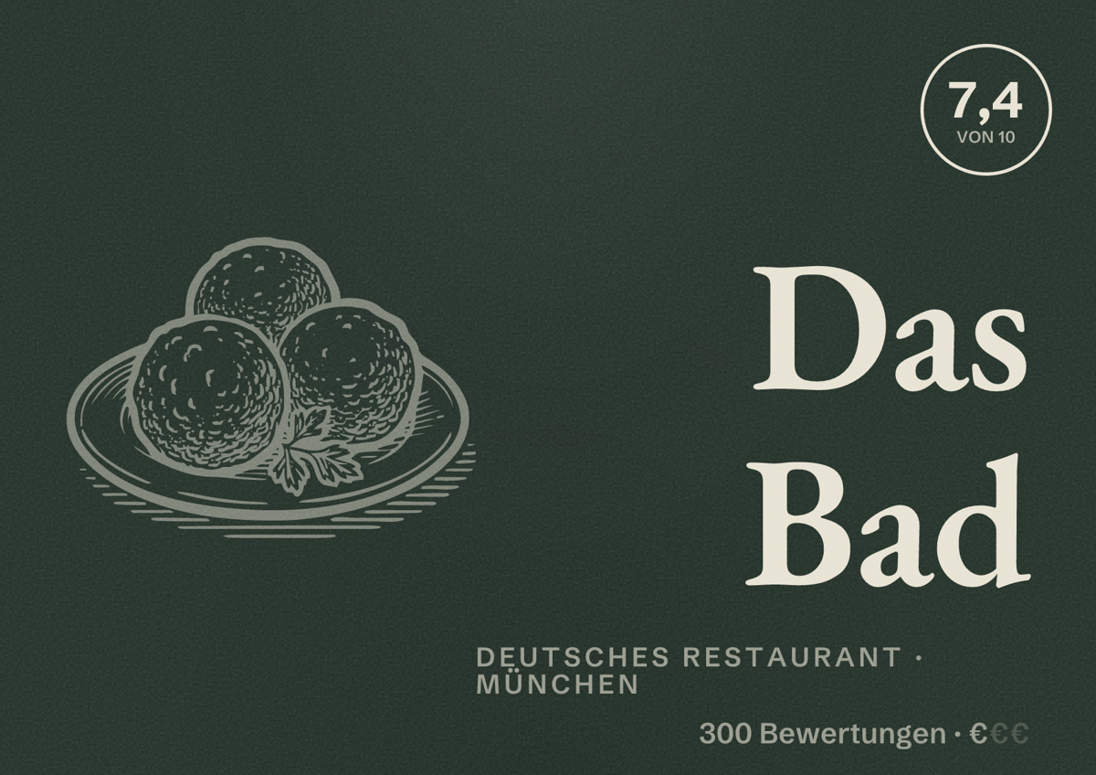Illustriertes Poster von Das Bad, Deutsches Restaurant in München: Bewertung 7,4 von 10 aus 300 Bewertungen, Preisniveau €