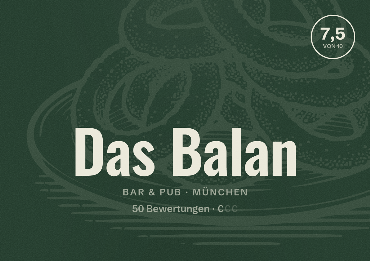 Illustriertes Poster von Das Balan, Bar & Pub in München: Bewertung 7,5 von 10 aus 50 Bewertungen, Preisniveau €