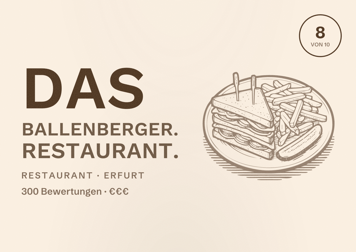 Illustriertes Poster von Das Ballenberger. Restaurant., Restaurant in Erfurt: Bewertung 8,0 von 10 aus 300 Bewertungen, Preisniveau €€€