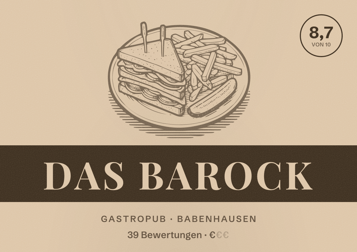 Illustriertes Poster von das Barock, Gastropub in Babenhausen: Bewertung 8,7 von 10 aus 39 Bewertungen, Preisniveau €