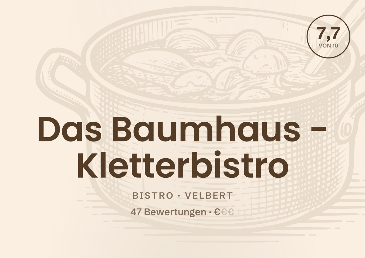 Illustriertes Poster von Das Baumhaus - Kletterbistro, Bistro in Velbert: Bewertung 7,7 von 10 aus 47 Bewertungen, Preisniveau €