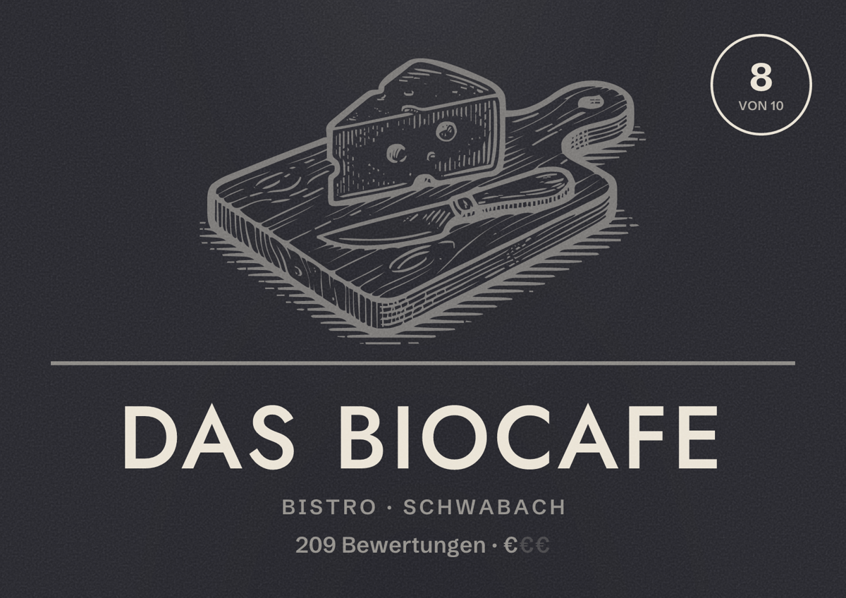 Illustriertes Poster von Das Biocafe, Bistro in Schwabach: Bewertung 8 von 10 aus 209 Bewertungen, Preisniveau €