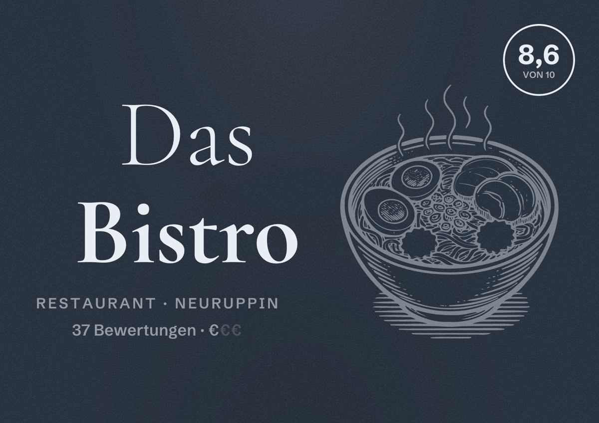 Illustriertes Poster von Das Bistro, Restaurant in Neuruppin: Bewertung 8,6 von 10 aus 37 Bewertungen, Preisniveau €