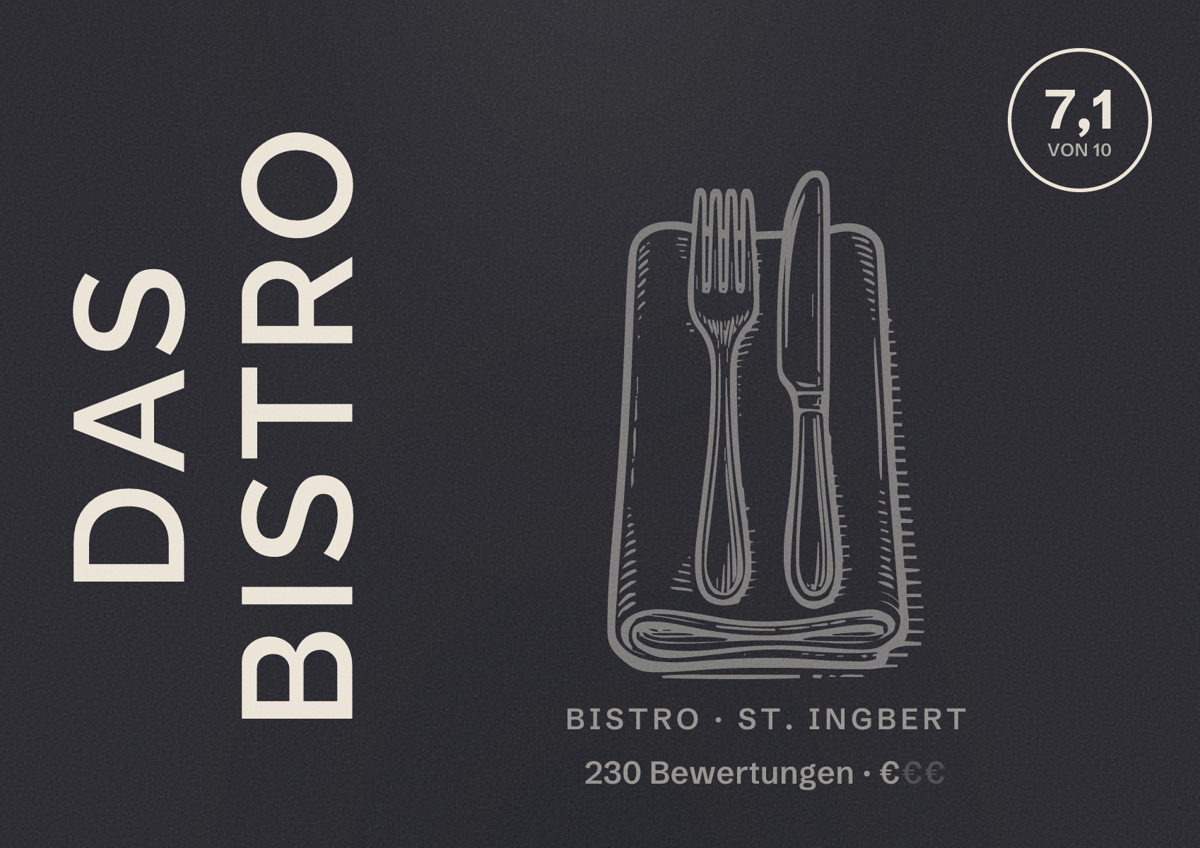 Illustriertes Poster von Das Bistro, Bistro in St. Ingbert: Bewertung 7,1 von 10 aus 230 Bewertungen, Preisniveau €