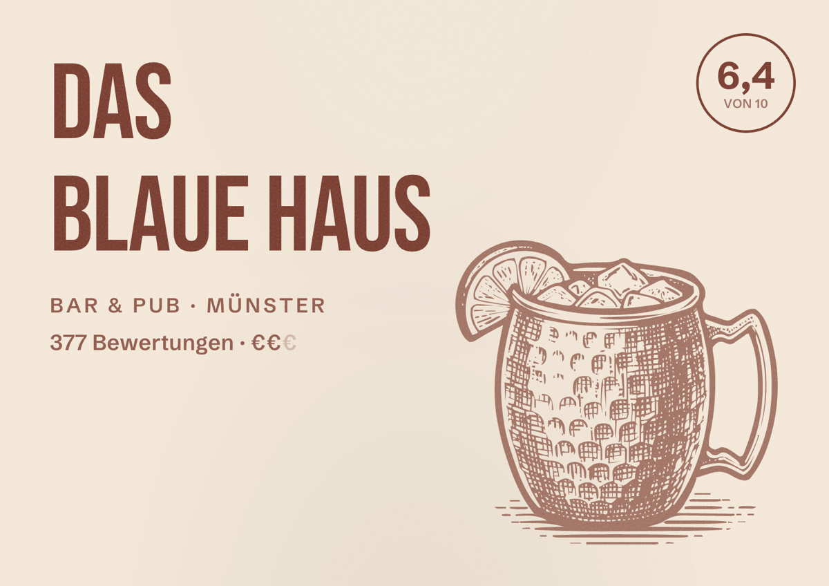 Illustriertes Poster von Das Blaue Haus, Bar & Pub in Münster: Bewertung 6,4 von 10 aus 377 Bewertungen, Preisniveau €€