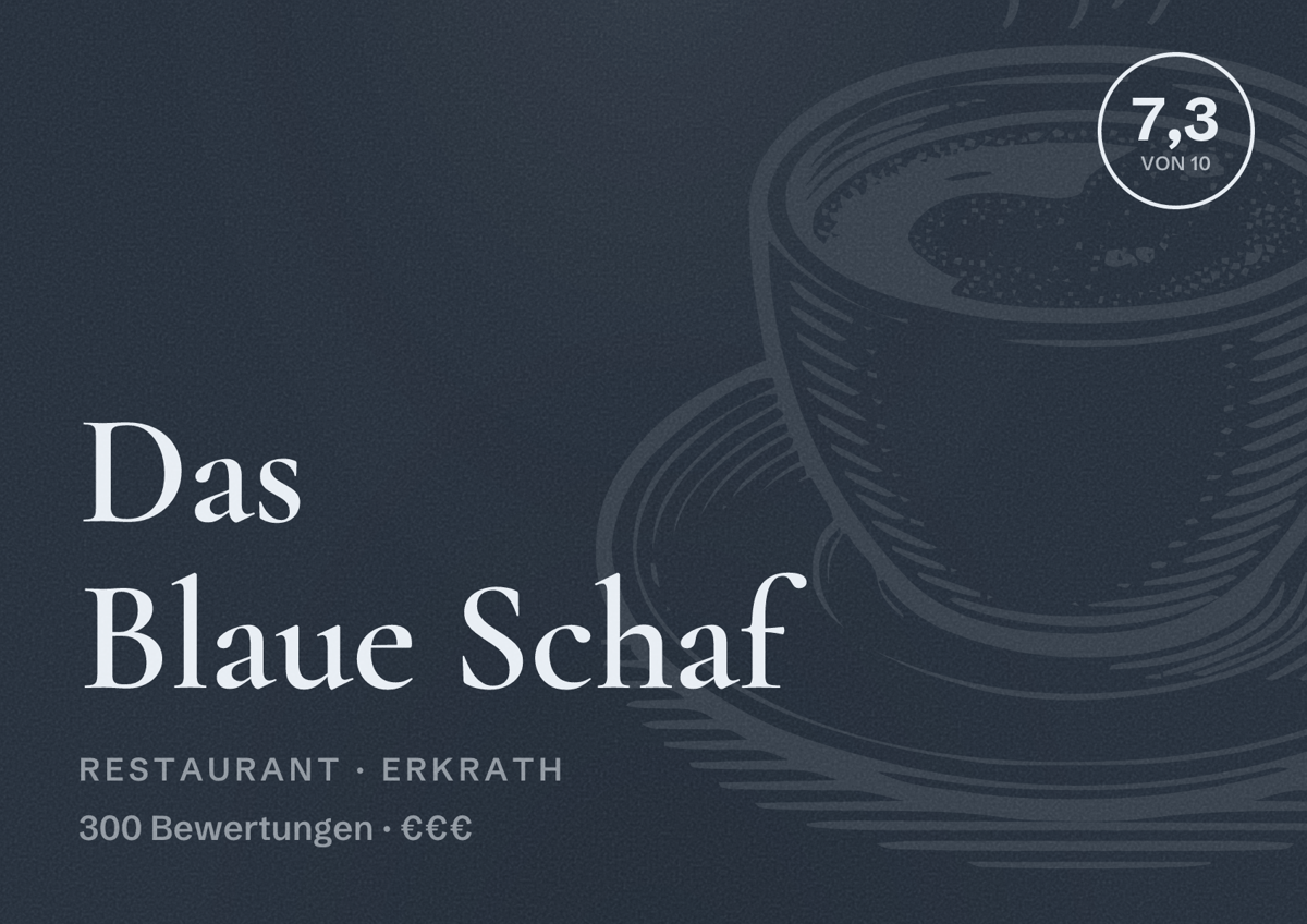 Illustriertes Poster von Das Blaue Schaf, Restaurant in Erkrath: Bewertung 7,3 von 10 aus 300 Bewertungen, Preisniveau €€€