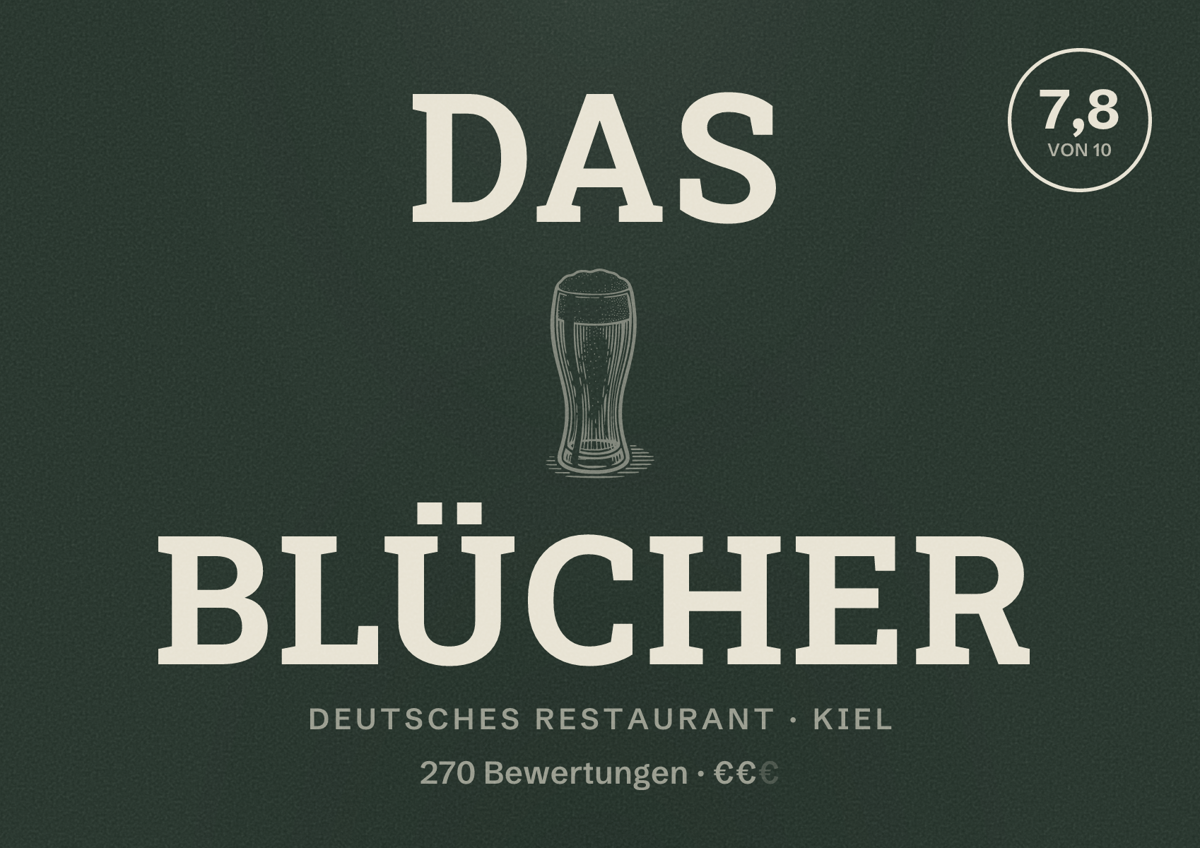 Illustriertes Poster von Das Blücher, Deutsches Restaurant in Kiel: Bewertung 7,8 von 10 aus 270 Bewertungen, Preisniveau €€
