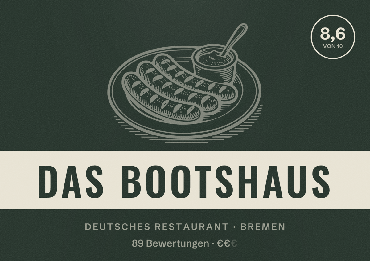 Illustriertes Poster von Das Bootshaus, Deutsches Restaurant in Bremen: Bewertung 8,6 von 10 aus 89 Bewertungen, Preisniveau €€