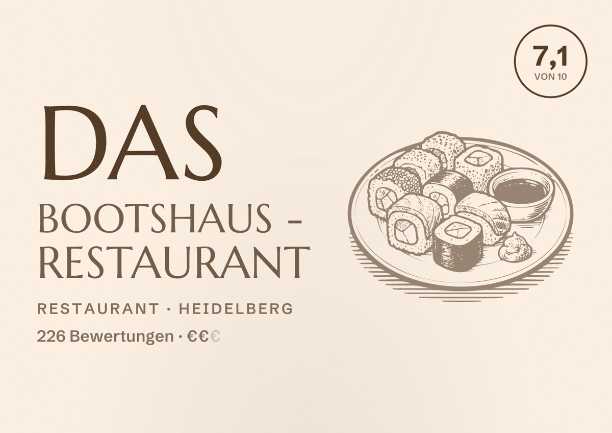 Illustriertes Poster von Das Bootshaus - Restaurant, Restaurant in Heidelberg: Bewertung 7,1 von 10 aus 226 Bewertungen, Preisniveau €€