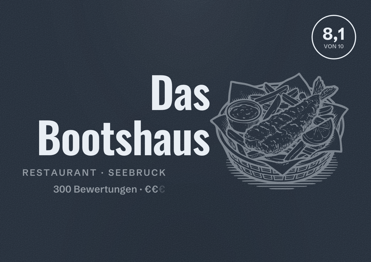 Illustriertes Poster von Das Bootshaus, Restaurant in Seebruck: Bewertung 8,1 von 10 aus 300 Bewertungen, Preisniveau €€