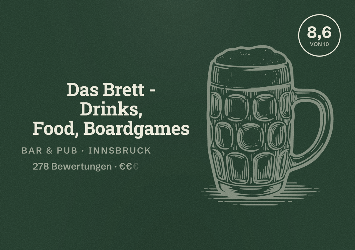 Illustriertes Poster von Das Brett - Drinks, Food, Boardgames, Bar & Pub in Innsbruck: Bewertung 8,6 von 10 aus 278 Bewertungen, Preisniveau €€