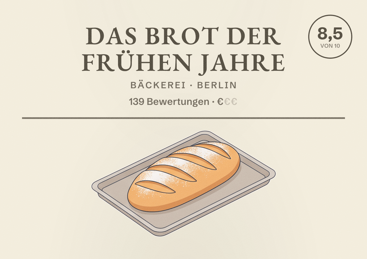 Illustriertes Poster von Das Brot der frühen Jahre, Bäckerei in Berlin: Bewertung 8,5 von 10 aus 139 Bewertungen, Preisniveau €