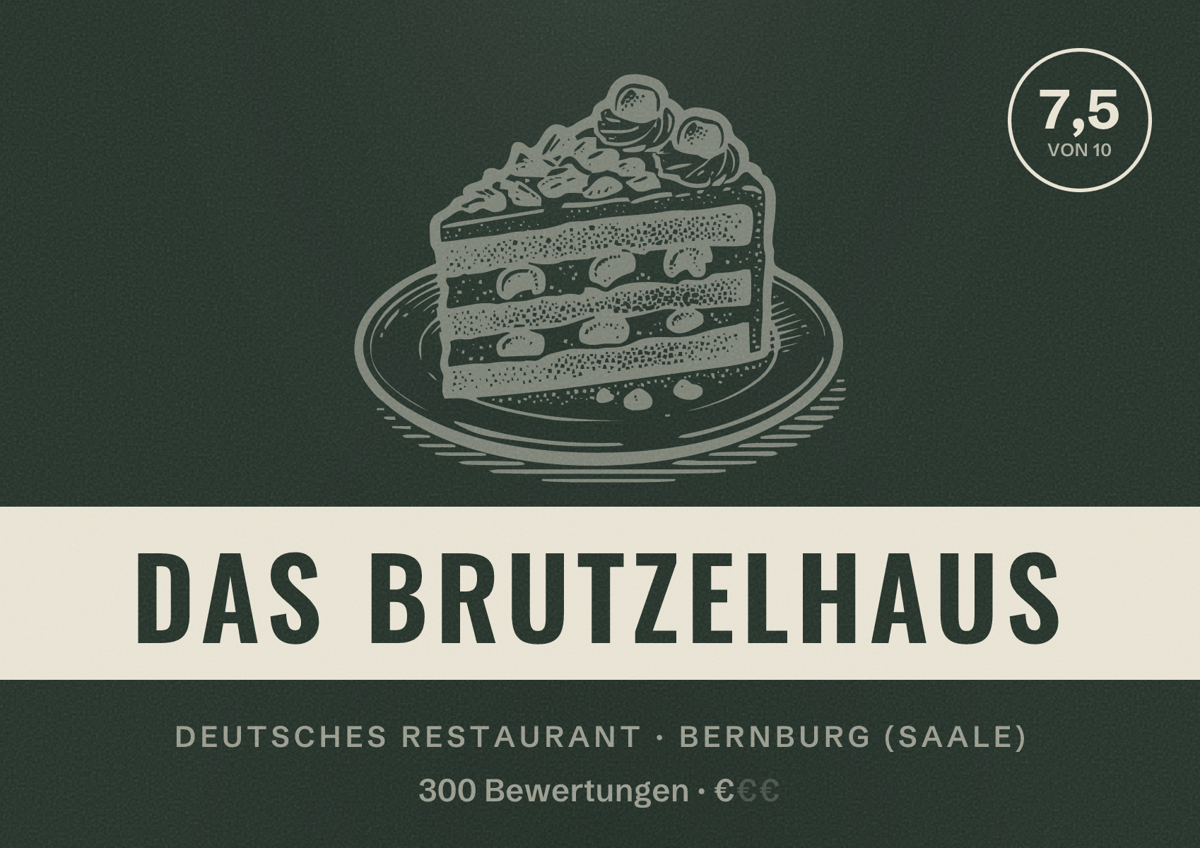 Illustriertes Poster von Das Brutzelhaus, Deutsches Restaurant in Bernburg (Saale): Bewertung 7,5 von 10 aus 300 Bewertungen, Preisniveau €