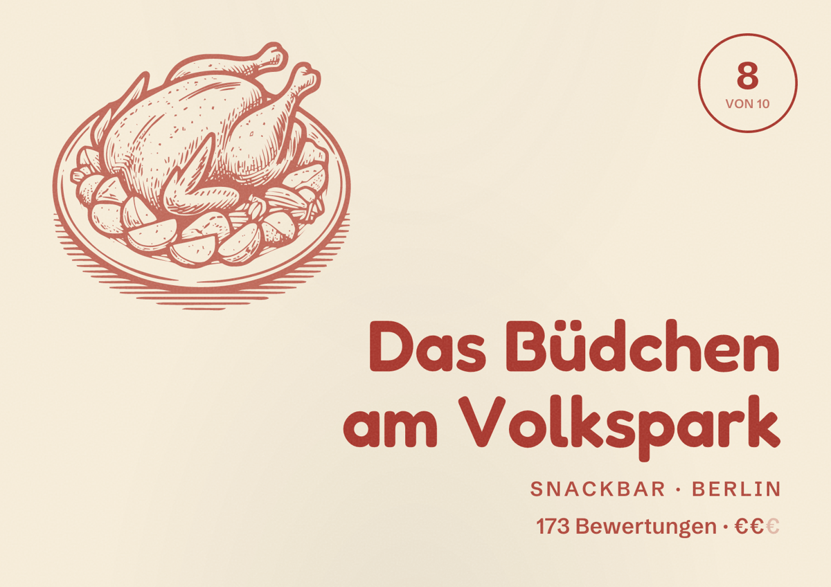 Illustriertes Poster von Das Büdchen am Volkspark, Snackbar in Berlin: Bewertung 8,0 von 10 aus 173 Bewertungen, Preisniveau €€