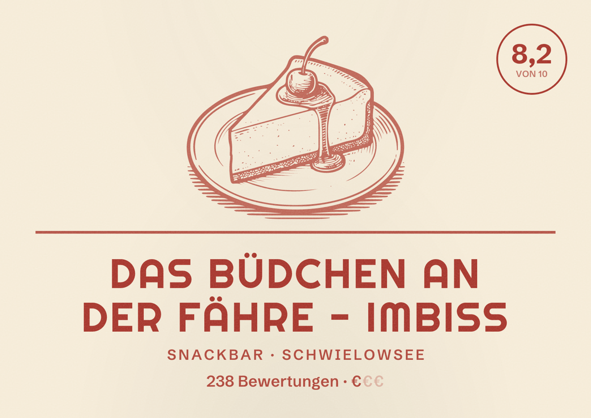 Illustriertes Poster von DAS Büdchen an der Fähre - Imbiss, Snackbar in Schwielowsee: Bewertung 8,2 von 10 aus 238 Bewertungen, Preisniveau €