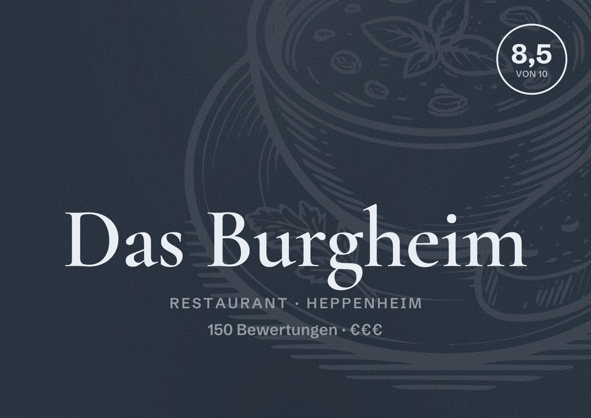 Illustriertes Poster von Das Burgheim, Restaurant in Heppenheim: Bewertung 8,5 von 10 aus 150 Bewertungen, Preisniveau €€€