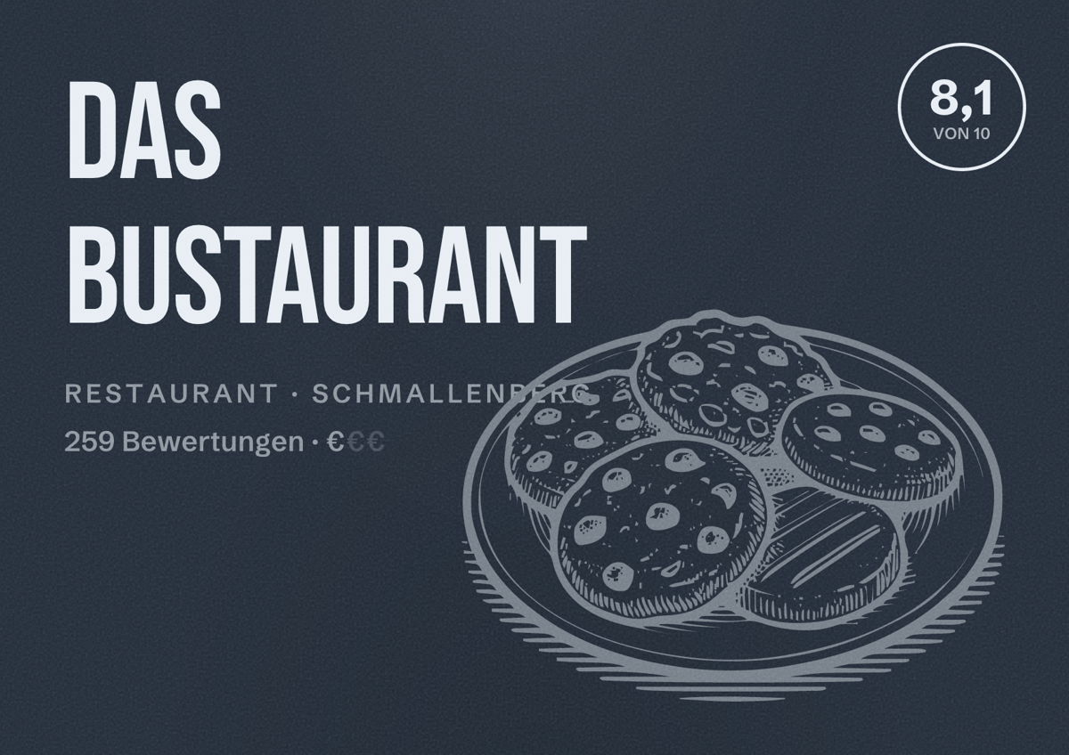 Illustriertes Poster von Das Bustaurant, Restaurant in Schmallenberg: Bewertung 8,1 von 10 aus 259 Bewertungen, Preisniveau €