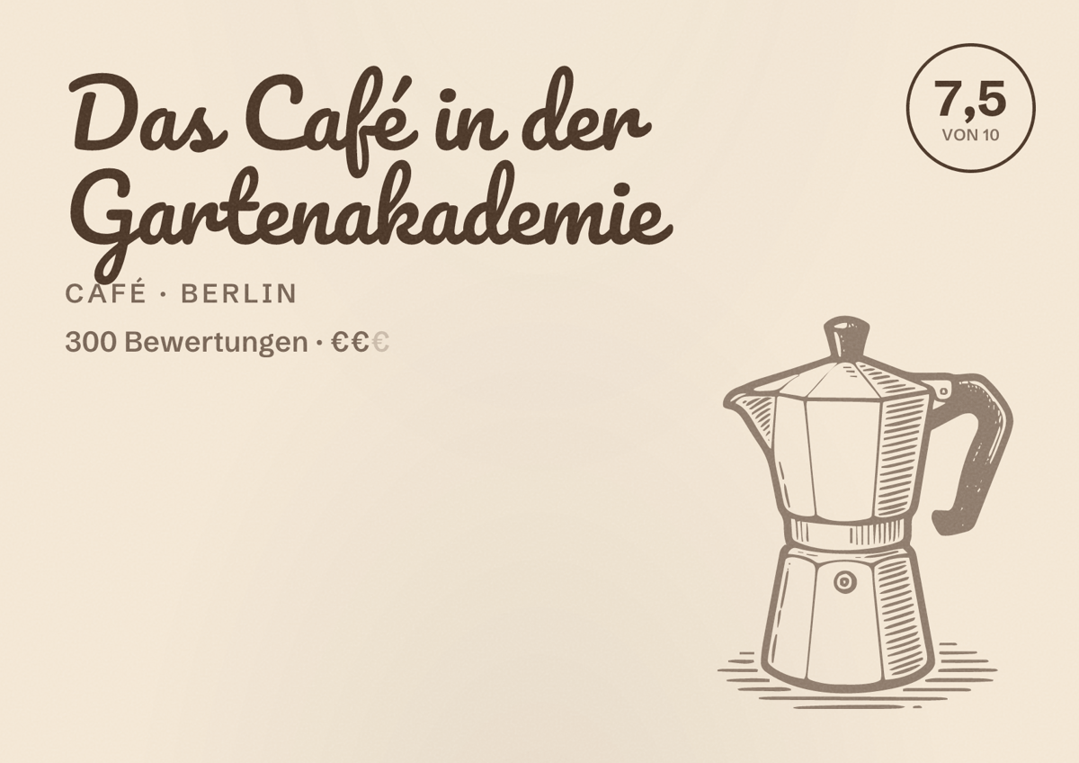 Illustriertes Poster von Das Café in der Gartenakademie, Café in Berlin: Bewertung 7,5 von 10 aus 300 Bewertungen, Preisniveau €€
