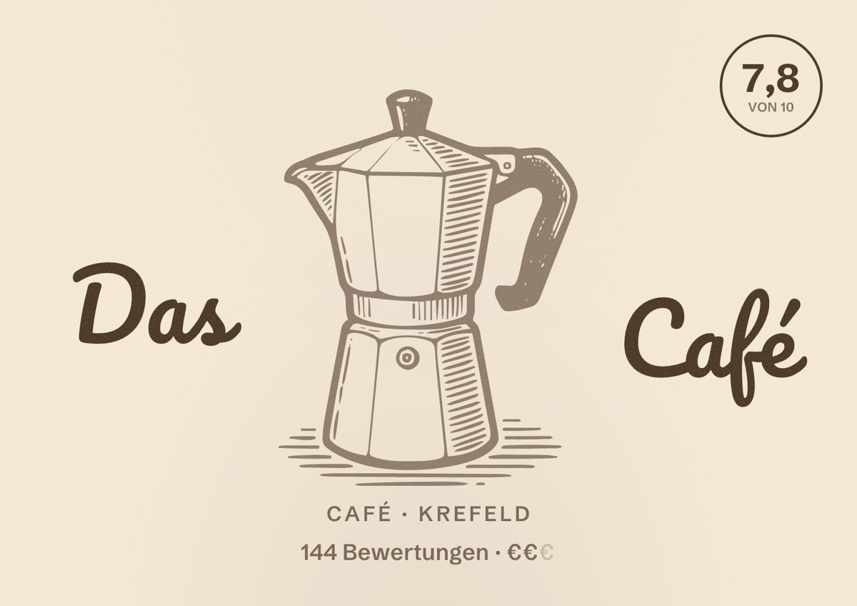 Illustriertes Poster von Das Café, Café in Krefeld: Bewertung 7,8 von 10 aus 144 Bewertungen, Preisniveau €€