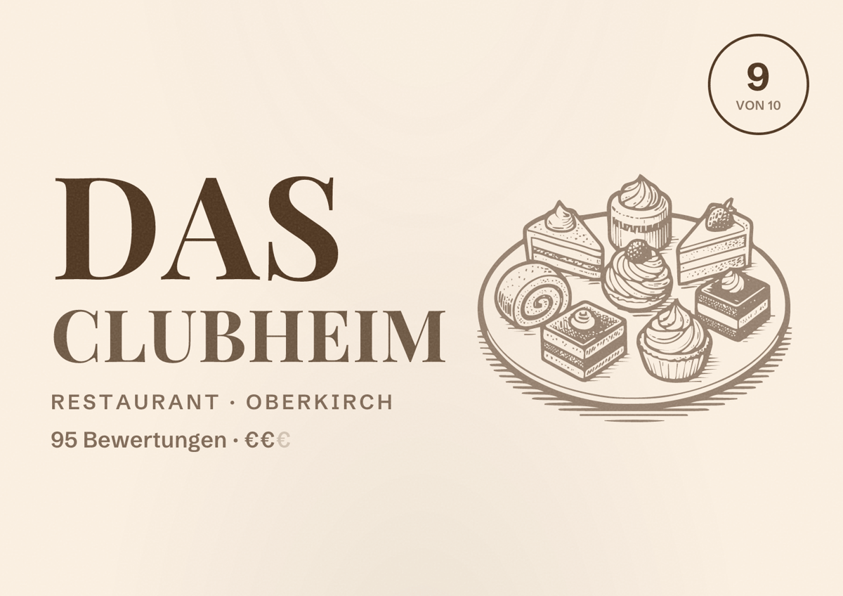 Illustriertes Poster von Das Clubheim, Restaurant in Oberkirch: Bewertung 9 von 10 aus 95 Bewertungen, Preisniveau €€