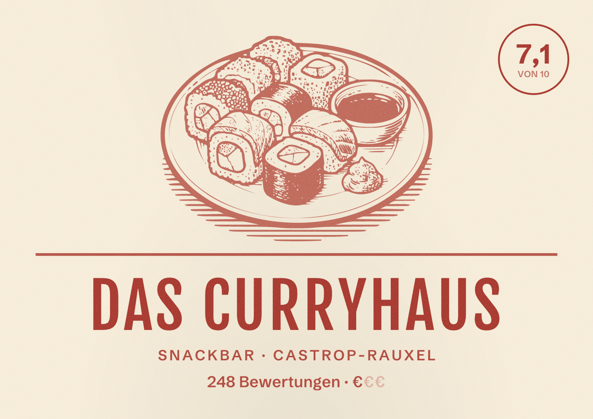 Illustriertes Poster von Das Curryhaus, Snackbar in Castrop-Rauxel: Bewertung 7,1 von 10 aus 248 Bewertungen, Preisniveau €