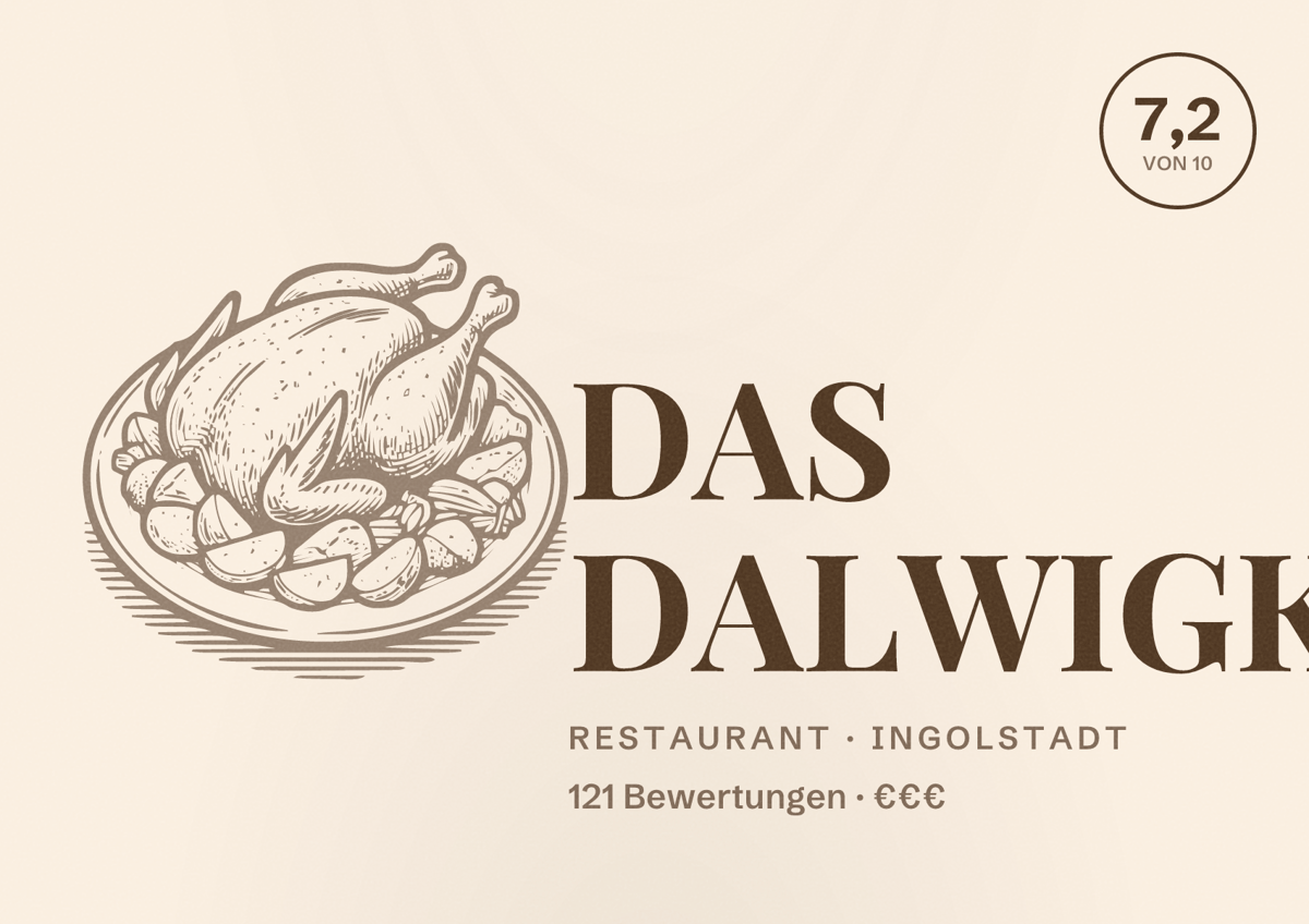 Illustriertes Poster von DAS DALWIGK, Restaurant in Ingolstadt: Bewertung 7,2 von 10 aus 121 Bewertungen, Preisniveau €€€