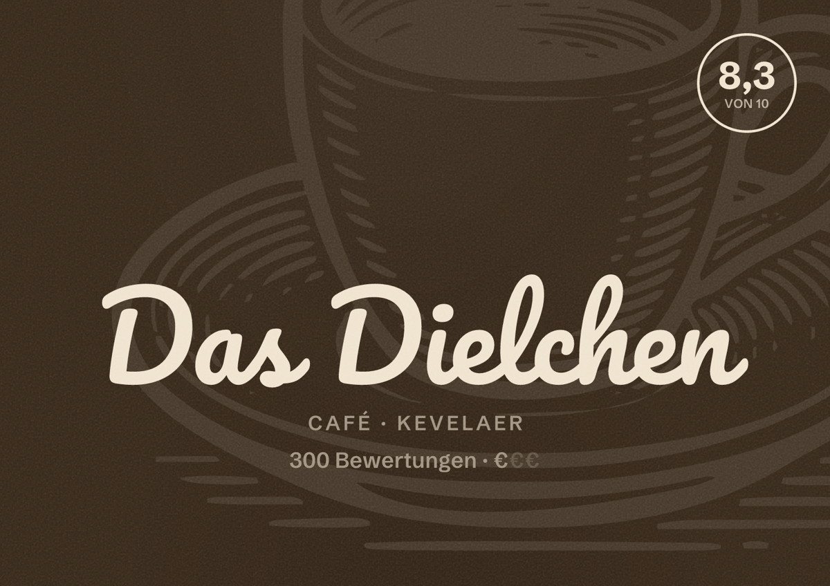 Illustriertes Poster von Das Dielchen, Café in Kevelaer: Bewertung 8,3 von 10 aus 300 Bewertungen, Preisniveau €