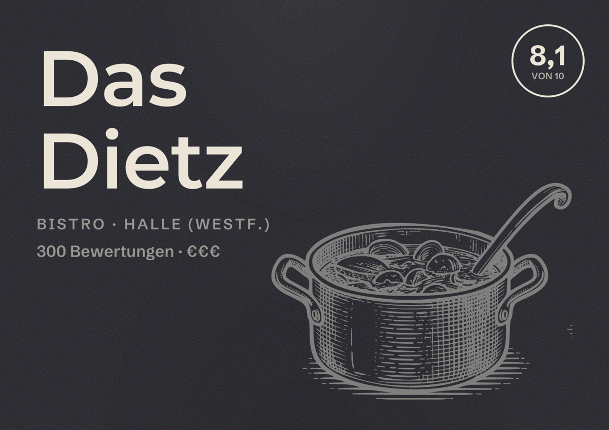 Illustriertes Poster von Das Dietz, Bistro in Halle (Westf.): Bewertung 8,1 von 10 aus 300 Bewertungen, Preisniveau €€€