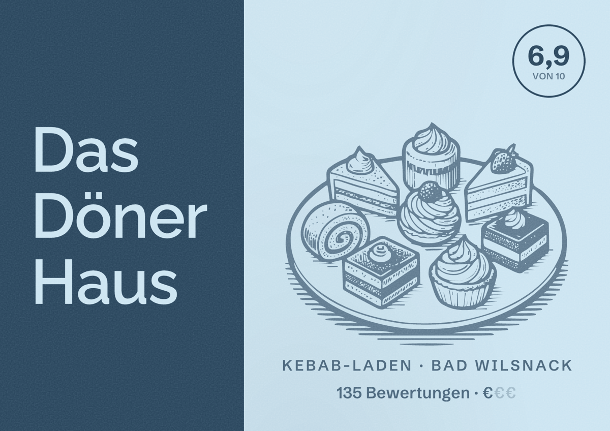 Illustriertes Poster von Das Döner Haus, Kebab-Laden in Bad Wilsnack: Bewertung 6,9 von 10 aus 135 Bewertungen, Preisniveau €