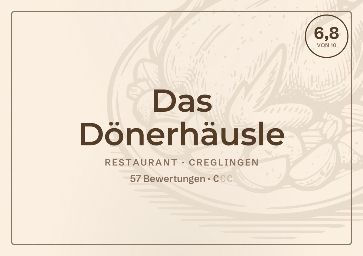 Illustriertes Poster von Das Dönerhäusle, Restaurant in Creglingen: Bewertung 6,8 von 10 aus 57 Bewertungen, Preisniveau €