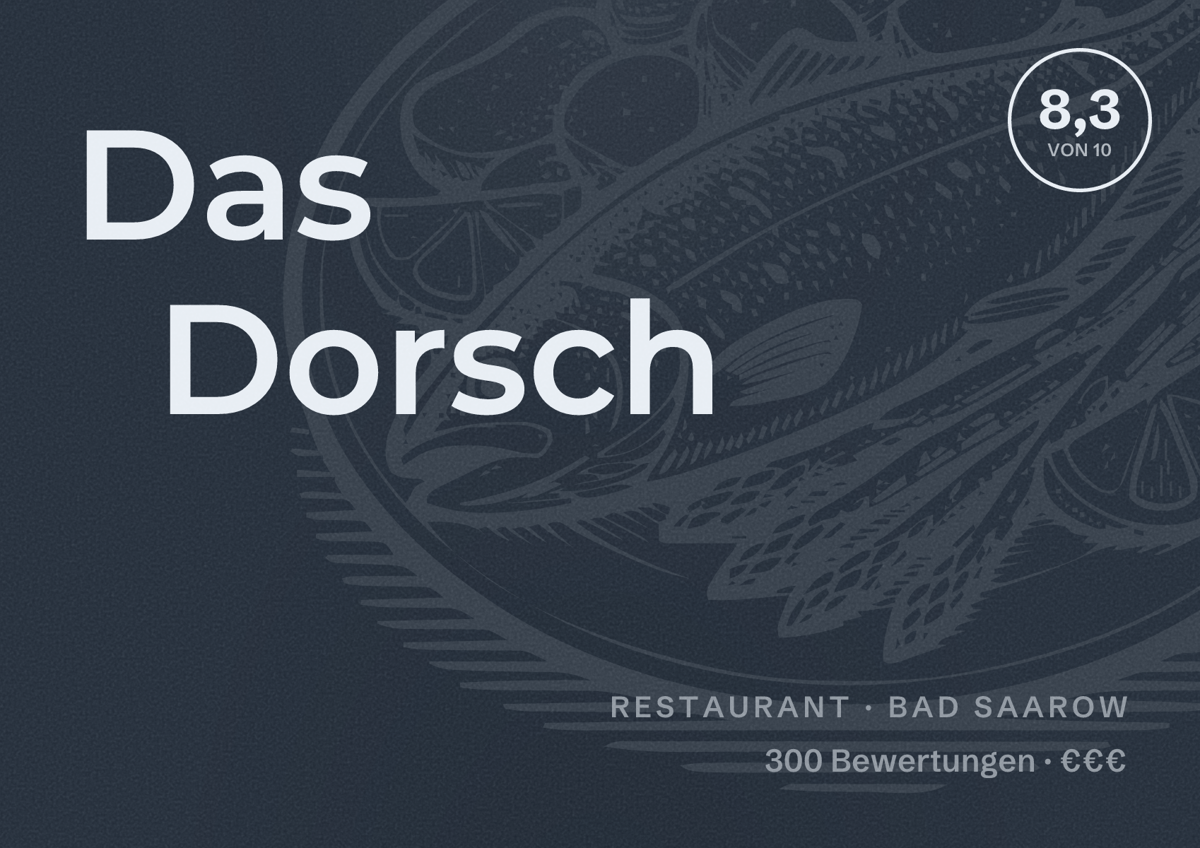 Illustriertes Poster von Das Dorsch, Restaurant in Bad Saarow: Bewertung 8,3 von 10 aus 300 Bewertungen, Preisniveau €€€