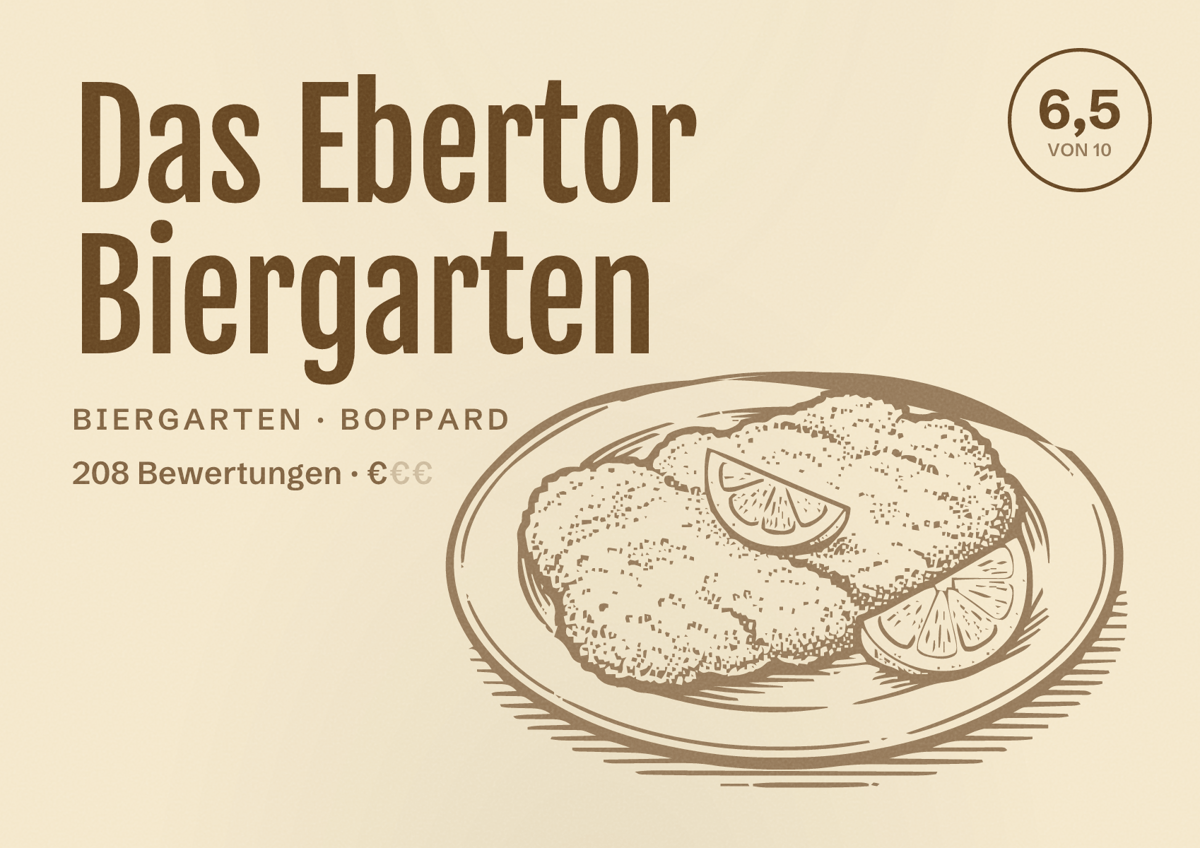 Illustriertes Poster von Das Ebertor Biergarten, Biergarten in Boppard: Bewertung 6,5 von 10 aus 208 Bewertungen, Preisniveau €