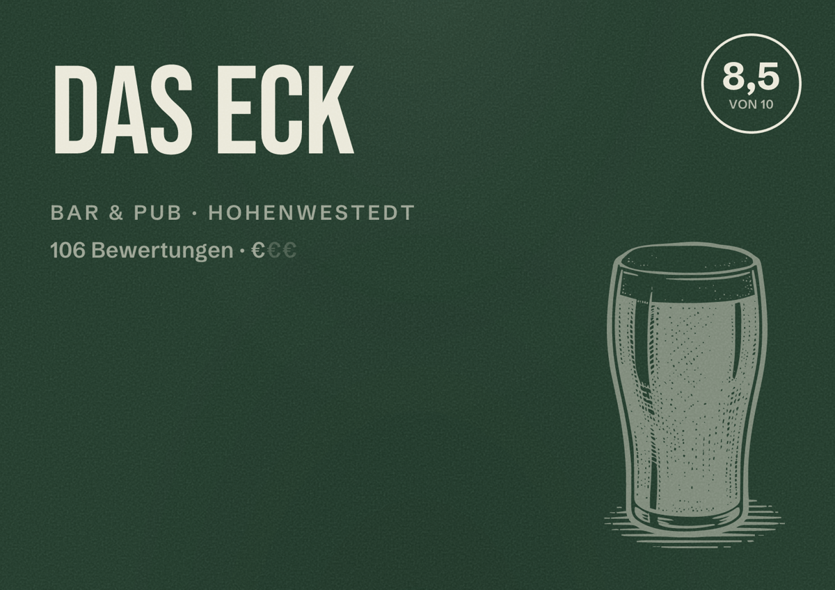 Illustriertes Poster von Das Eck, Bar & Pub in Hohenwestedt: Bewertung 8,5 von 10 aus 106 Bewertungen, Preisniveau €
