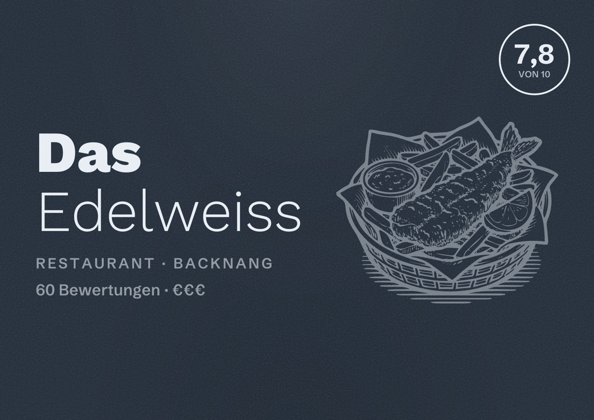 Illustriertes Poster von Das Edelweiss, Restaurant in Backnang: Bewertung 7,8 von 10 aus 60 Bewertungen, Preisniveau €€€