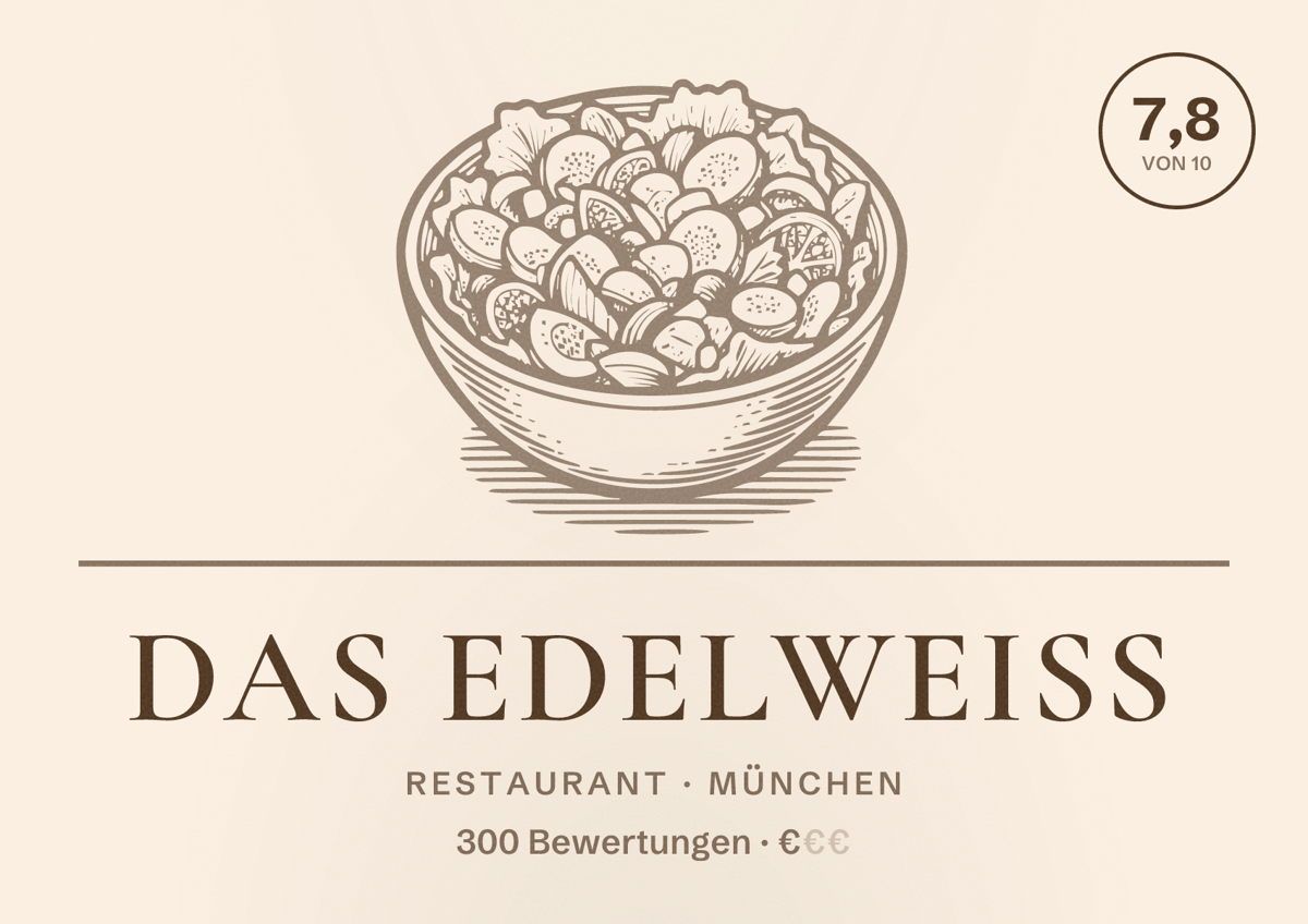 Illustriertes Poster von Das Edelweiß, Restaurant in München: Bewertung 7,8 von 10 aus 300 Bewertungen, Preisniveau €