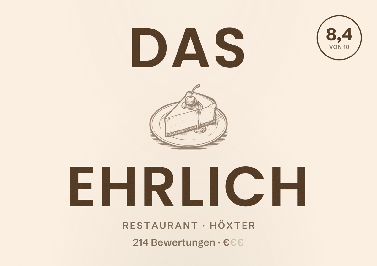 Illustriertes Poster von Das Ehrlich, Restaurant in Höxter: Bewertung 8,4 von 10 aus 214 Bewertungen, Preisniveau €