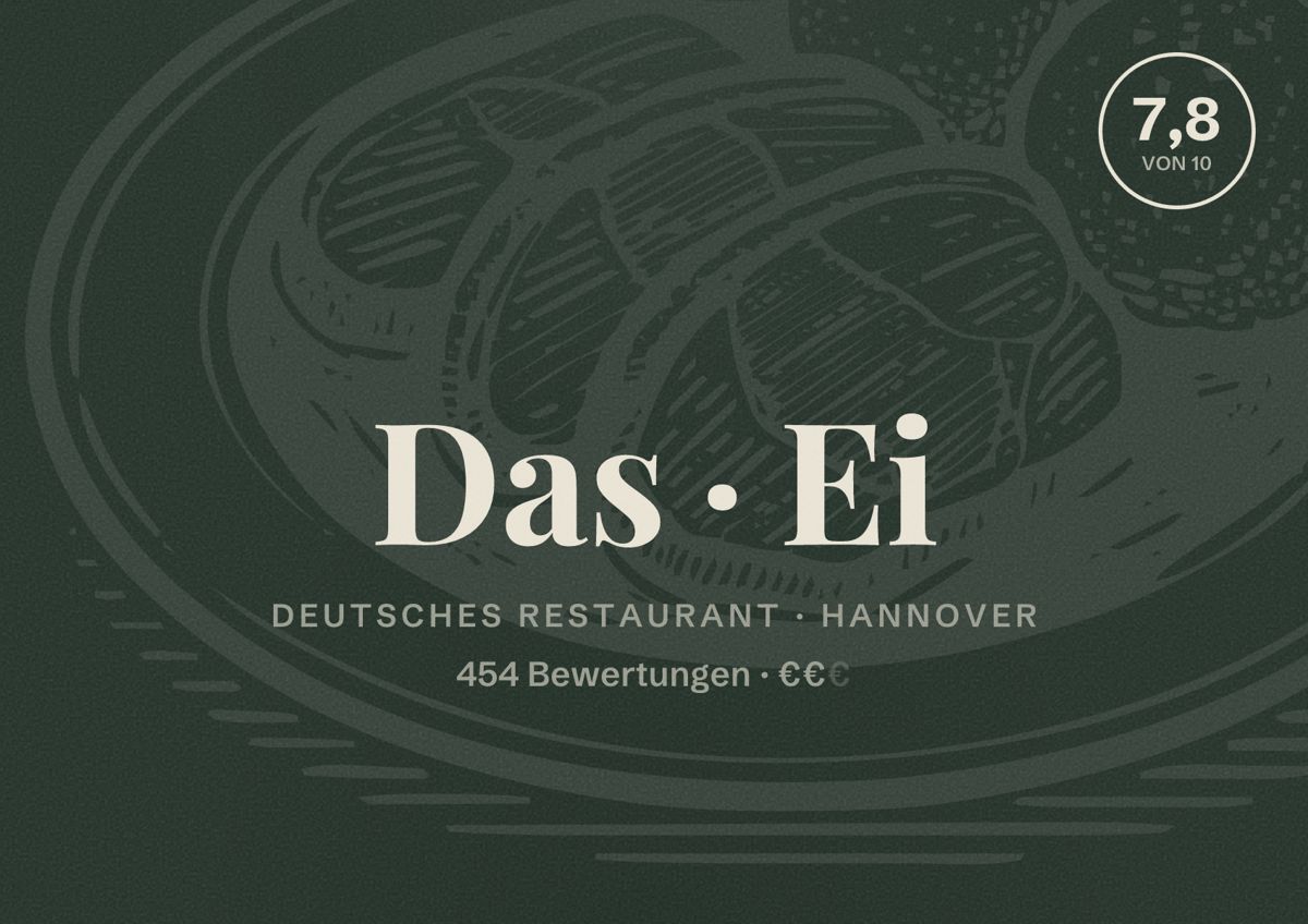 Illustriertes Poster von Das Ei, Deutsches Restaurant in Hannover: Bewertung 7,8 von 10 aus 454 Bewertungen, Preisniveau €€