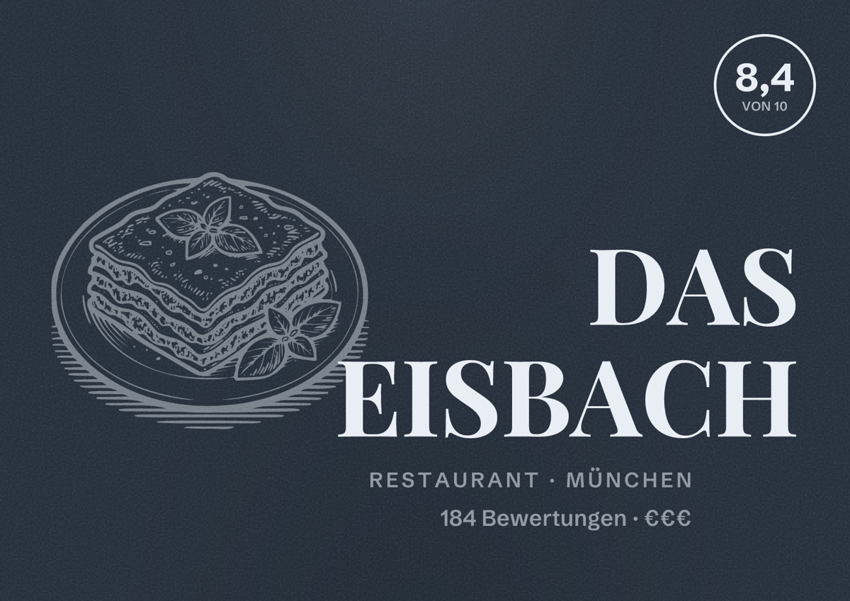 Illustriertes Poster von DAS EISBACH, Restaurant in München: Bewertung 8,4 von 10 aus 184 Bewertungen, Preisniveau €€€