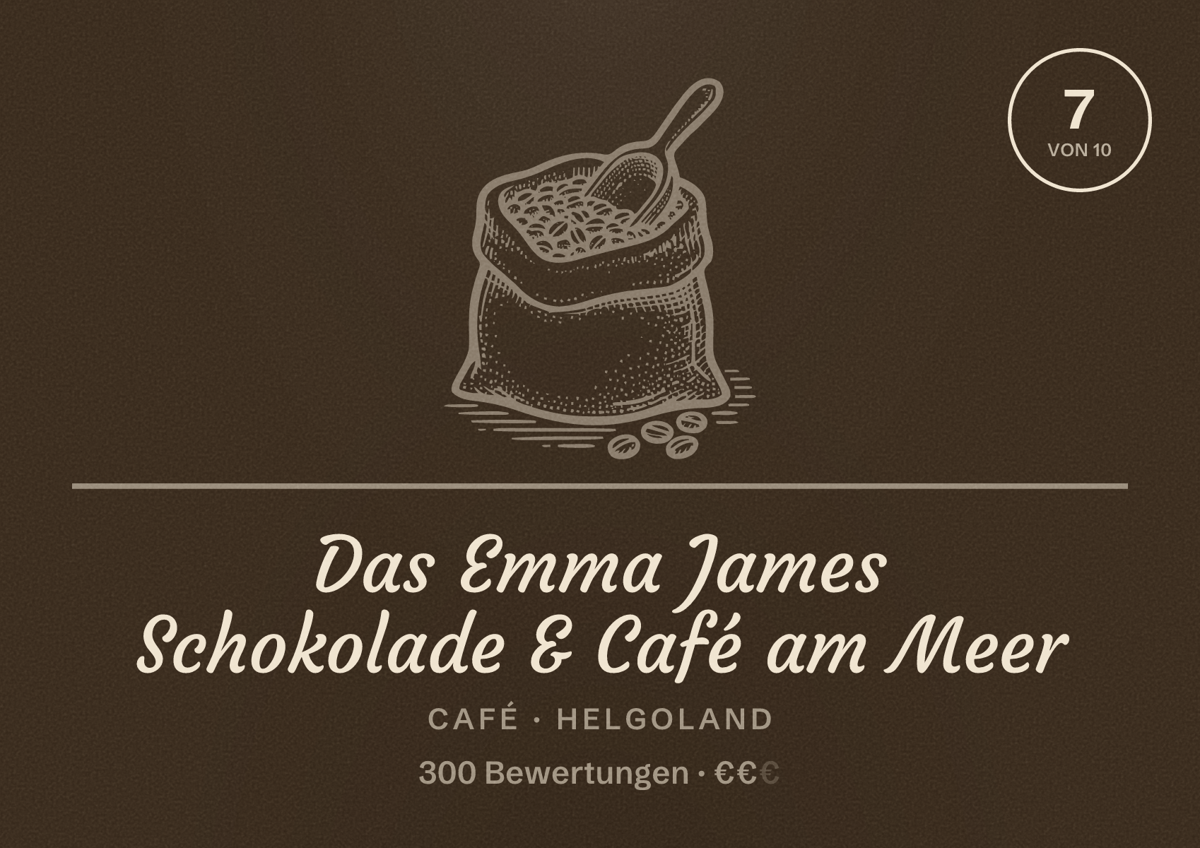 Illustriertes Poster von Das Emma James Schokolade & Café am Meer, Café in Helgoland: Bewertung 7 von 10 aus 300 Bewertungen, Preisniveau €€