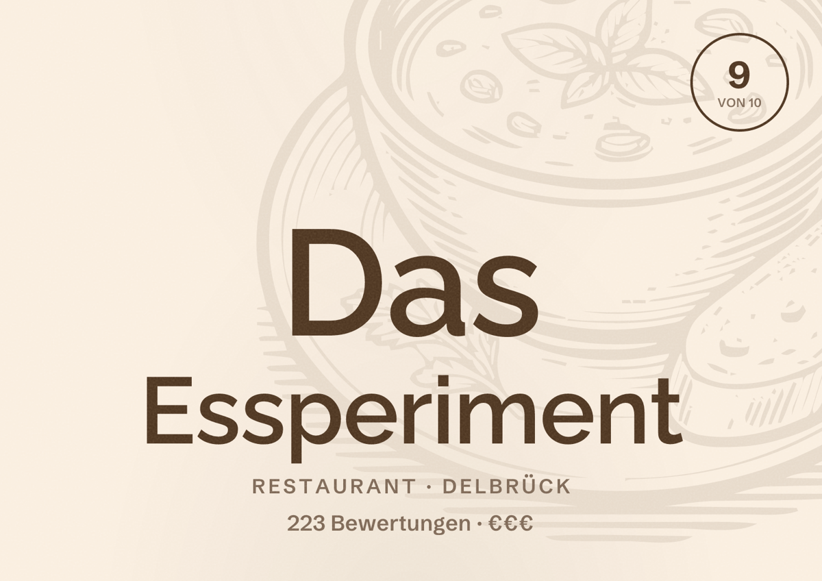 Illustriertes Poster von Das Essperiment, Restaurant in Delbrück: Bewertung 9 von 10 aus 223 Bewertungen, Preisniveau €€€