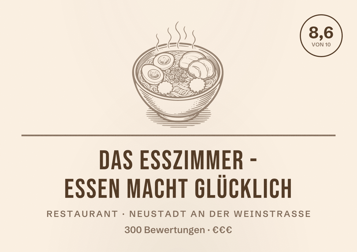 Illustriertes Poster von Das Esszimmer - essen macht glücklich, Restaurant in Neustadt an der Weinstraße: Bewertung 8,6 von 10 aus 300 Bewertungen, Preisniveau €€€