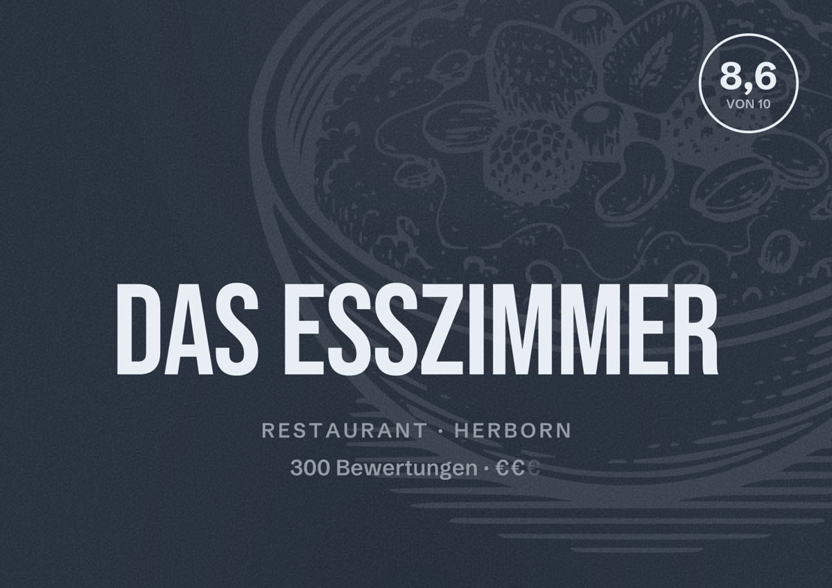 Illustriertes Poster von Das EssZimmer, Restaurant in Herborn: Bewertung 8,6 von 10 aus 300 Bewertungen, Preisniveau €€
