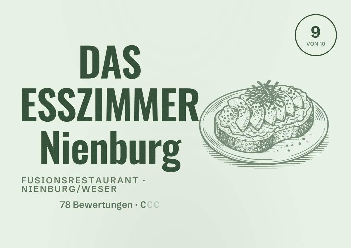 Illustriertes Poster von DAS ESSZIMMER Nienburg, Fusionsrestaurant in Nienburg/Weser: Bewertung 9 von 10 aus 78 Bewertungen, Preisniveau €