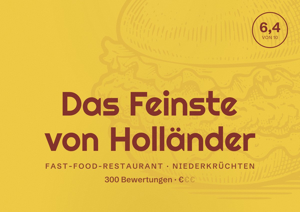 Illustriertes Poster von Das Feinste von Holländer, Fast-Food-Restaurant in Niederkrüchten: Bewertung 6,4 von 10 aus 300 Bewertungen, Preisniveau €