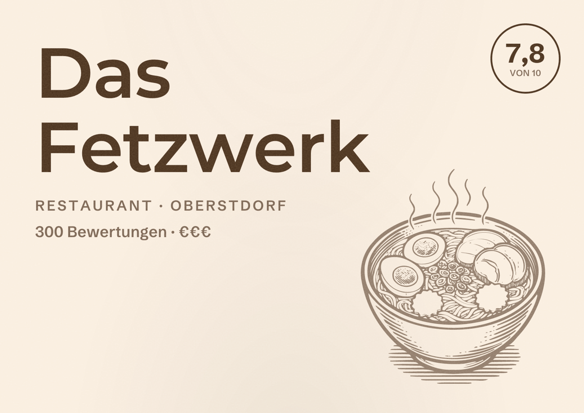 Illustriertes Poster von Das Fetzwerk, Restaurant in Oberstdorf: Bewertung 7,8 von 10 aus 300 Bewertungen, Preisniveau €€€