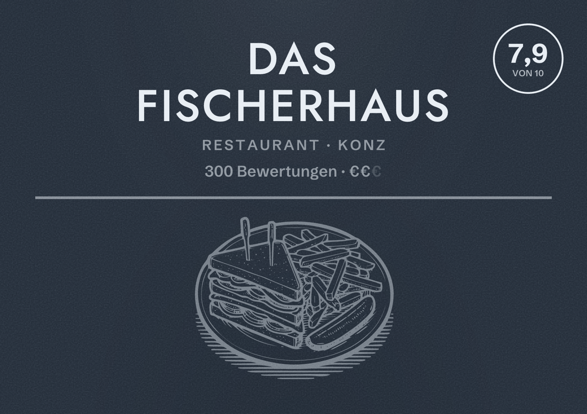 Illustriertes Poster von Das Fischerhaus, Restaurant in Konz: Bewertung 7,9 von 10 aus 300 Bewertungen, Preisniveau €€