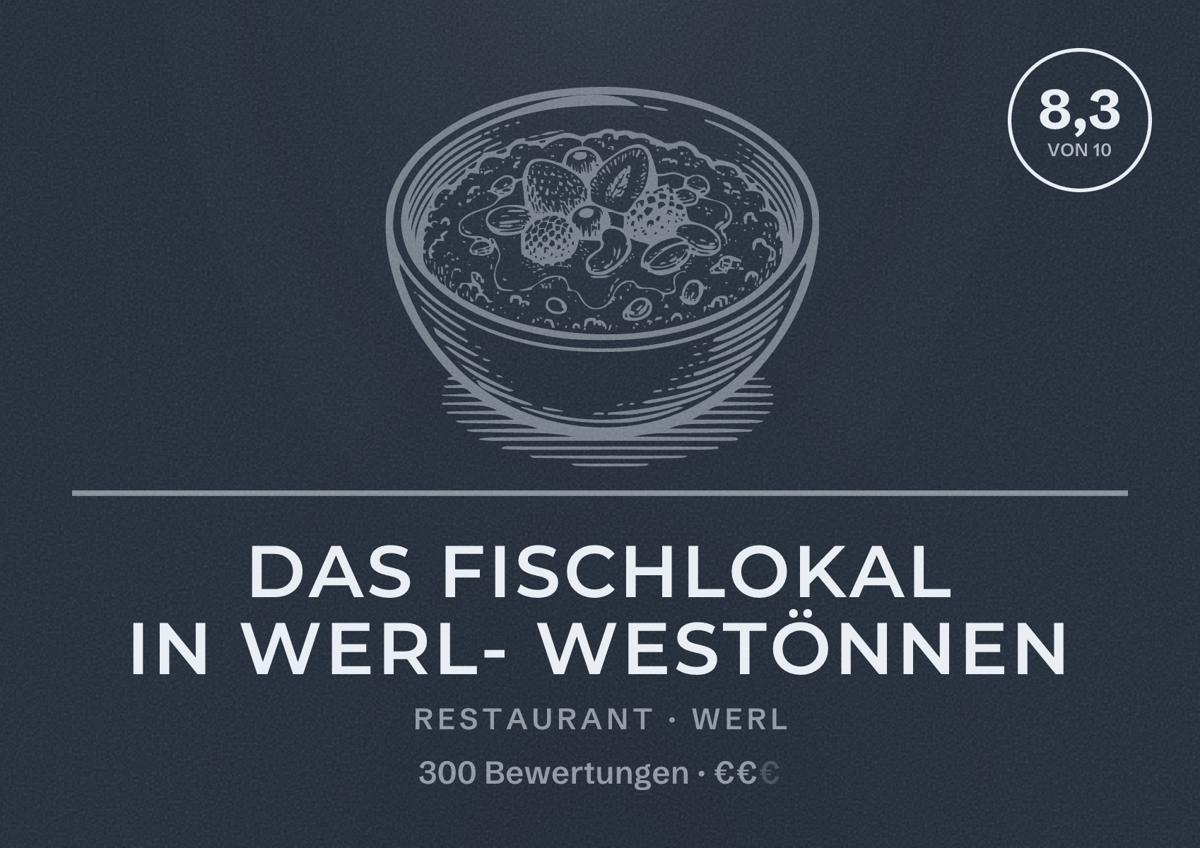 Illustriertes Poster von Das Fischlokal in Werl- Westönnen, Restaurant in Werl: Bewertung 8,3 von 10 aus 300 Bewertungen, Preisniveau €€