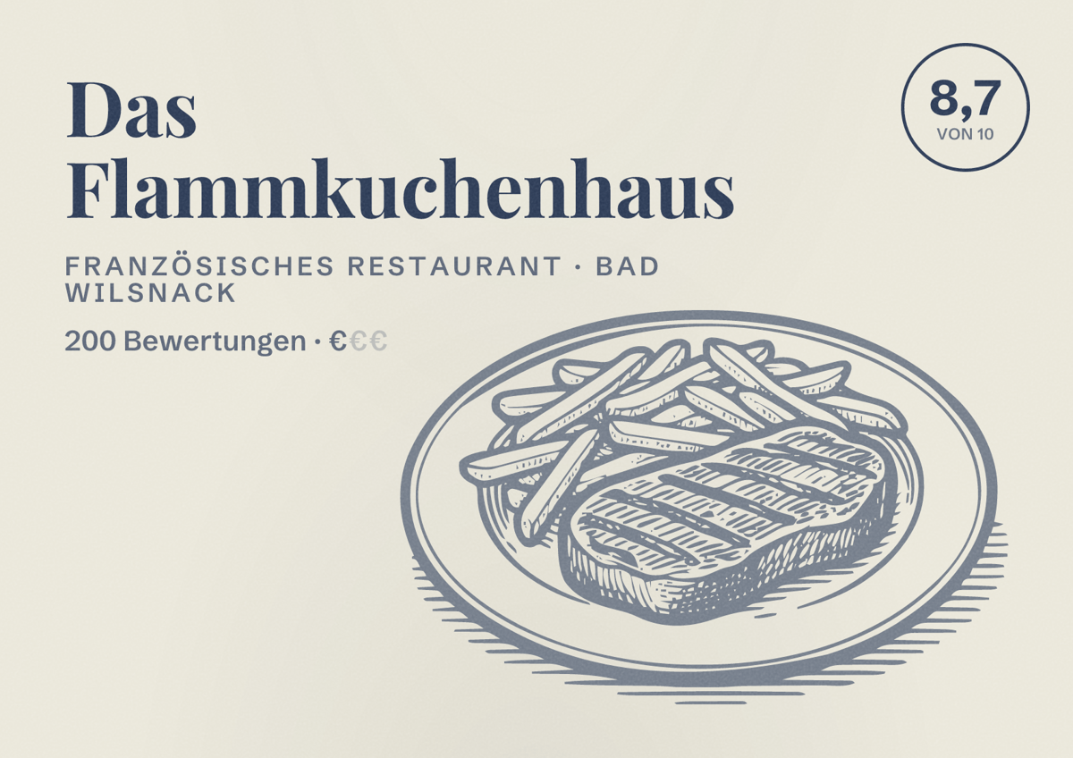 Illustriertes Poster von Das Flammkuchenhaus, Französisches Restaurant in Bad Wilsnack: Bewertung 8,7 von 10 aus 200 Bewertungen, Preisniveau €