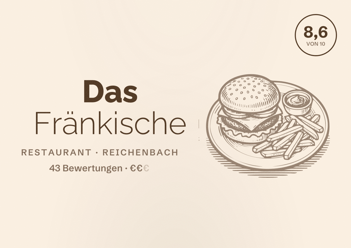 Illustriertes Poster von Das Fränkische, Restaurant in Reichenbach: Bewertung 8,6 von 10 aus 43 Bewertungen, Preisniveau €€